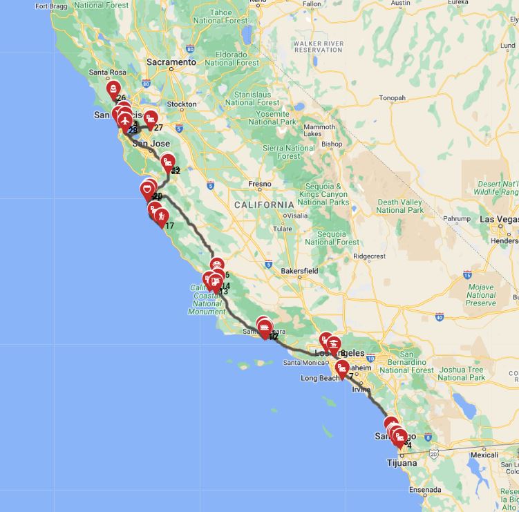 RV trip planner San Diego to San Francisco motorhome road trip route